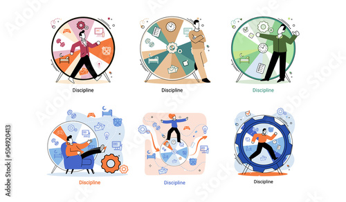 Daily schedule metaphor, daily affairs person, discipline indicators time for rest, work, sleep, food. Scheduling activities for day, time management, distribution of tasks, circle sectors occupation