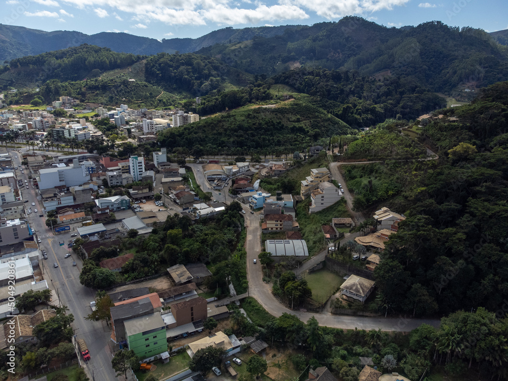small and organized country town with lots of vegetation, aerial drone view, Venda Nova do Imigrante, Espirito Santo, Brazil