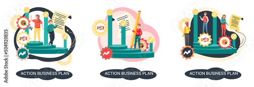 Action business plan, development strategies, foreseeing market risks. Company success secret, idea growing business achieve target metaphor, study production and sales market. Strategic biz planning