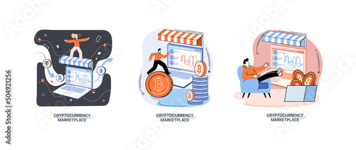 Cryptocurrency marketplace metaphor. Cryptocurrency investing platform. Bitcoin stock exchange online wallet and payments, digital money transactions. Crypto trading strategies. Exchange platform