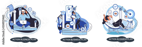 Action business plan, development strategies, foreseeing market risks. Company success secret, idea growing business achieve target metaphor, study production and sales market. Strategic biz planning