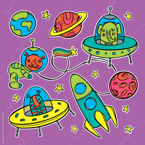 Fototapeta Naklejka Na Ścianę i Meble -  PLANETS AND RESIDENTS Cute Spaceships Flies Between Stars In The Universe Hand Drawn Space Cartoon Labels Clipart Vector Illustration Set For Print And Cutting