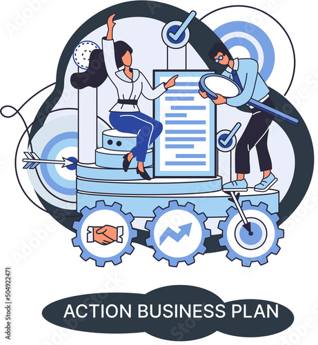 Action business plan, development strategies, foreseeing market risks. Company success secret, idea growing business achieve target metaphor, study production and sales market. Strategic biz planning