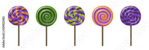Sweet lollipops with Halloween striped pattern, twisted hard sugar candies on wooden stick. Vector cartoon set of caramel suckers with swirly patterns