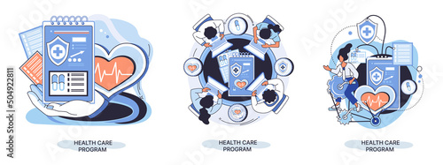 Health care program metaphor, online medical services, protection medicine. Medical insurance, hospital services, preventive check up, sick leave certificate treatment diagnosis patients, telemedicine