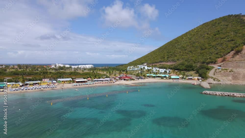 Aerial view in front the Frigate Bay beach in Saint Kitts - panoramic, drone shot Aerial view in front the Frigate Bay beach in Saint Kitts - panoramic, drone shot