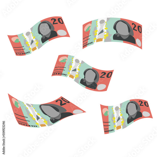 Australian Dollar Vector Illustration. Australia money set bundle banknotes. Falling, flying money 20 AUD. Flat style. Isolated on white background. Simple minimal design.