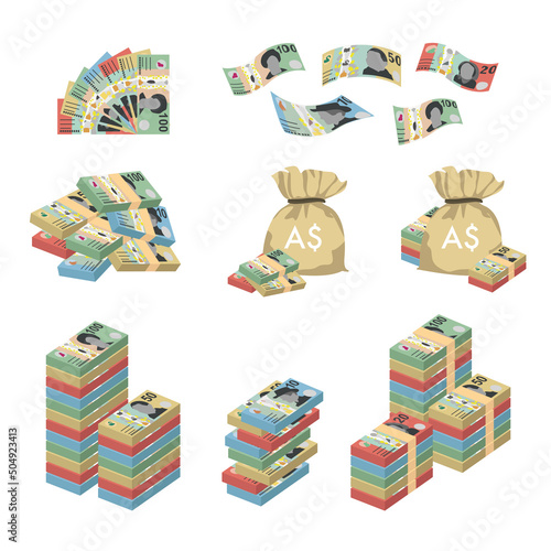 Australian Dollar Vector Illustration. Huge packs of Australia money set bundle banknotes. Bundle with cash bills. Deposit, wealth, accumulation and inheritance. Falling money 100, 50, 20, 10 AUD