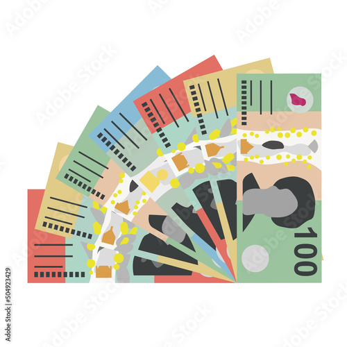 Australian Dollar Vector Illustration. Australia money set bundle banknotes. Paper money 10, 20, 50, 100 AUD. Flat style. Isolated on white background. Simple minimal design.
