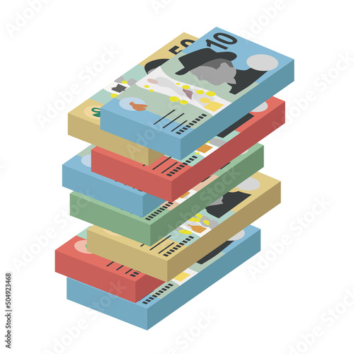 Australian Dollar Vector Illustration. Australia money set bundle banknotes. Paper money 10, 20, 50, 100 AUD. Flat style. Isolated on white background. Simple minimal design. photo
