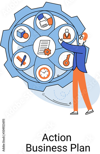 Action business plan, development strategies, foreseeing market risks. Company success secret, idea growing business achieve target metaphor, study production and sales market. Strategic biz planning