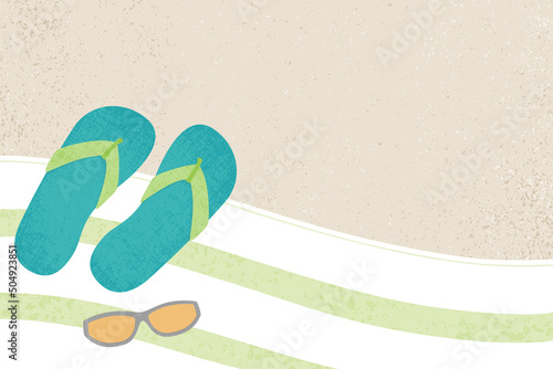 A pair of flip flops and sunglasses on a beach towel, in a cut paper style with textures
