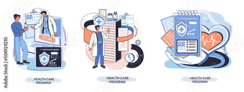 Health care program metaphor, online medical services, protection medicine. Medical insurance, hospital services, preventive check up, sick leave certificate treatment diagnosis patients, telemedicine