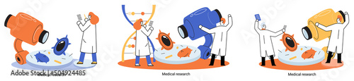 Medical research metaphor. Laboratory diagnostic services, Scientists work equipment and microscope. Virologists chemistry clinic laboratories, microbiology pharmaceutical research. Vaccine discovery