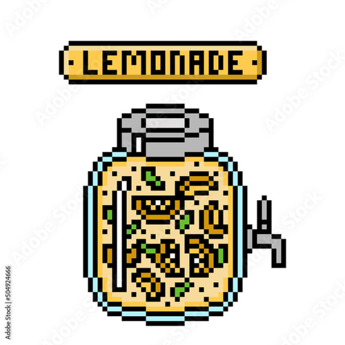Refreshing homemade lemonade with mint leaves and lemon slices in a jar with spout, pixel art icon. Citrus fizzy drink. Fruit juice. Summer citron cocktail. Soda beverage dispenser. Gin and tonic.