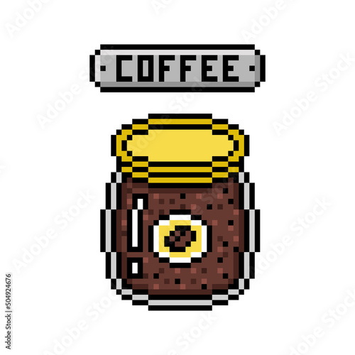 Granulated instant coffee in a glass jar, pixel art food icon isolated on white background. Retro vintage 80's-90's 8 bit slot machine, video game graphics. Sublimated drink packaging. Grocery product