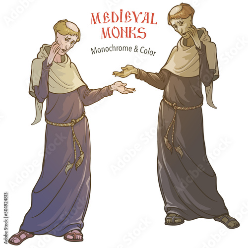 Skinny monk talking and gesturing. Medieval gothic style character concept art. Color and monochrome book illustrations isolated on white background. EPS10 vector illustration