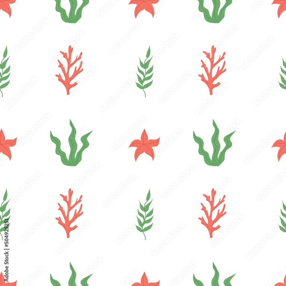 Summer seamless pattern with seaweed, corals and shells. Flat vector illustration Summer seamless pattern with seaweed, corals and shells. Flat vector illustration