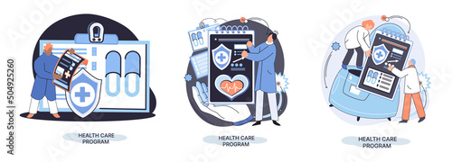 Health care program metaphor, online medical services, protection medicine. Medical insurance, hospital services, preventive check up, sick leave certificate treatment diagnosis patients, telemedicine