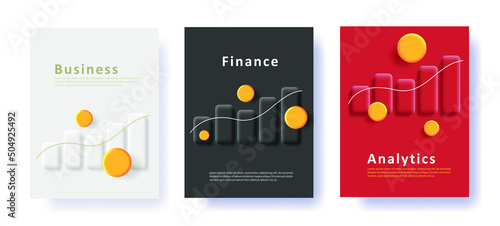 Set of business posters with 3d illustration of bar chart with coins. Vector illustration