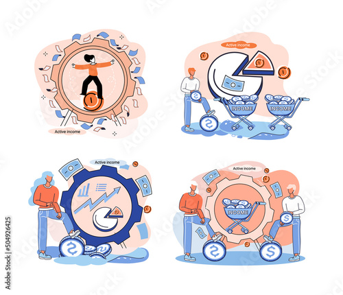 Active income obtained in course of certain activity using your knowledge and skills, getting paid for work. Works, earns salary. Idea of financial growth, business development, wages. Activity growth