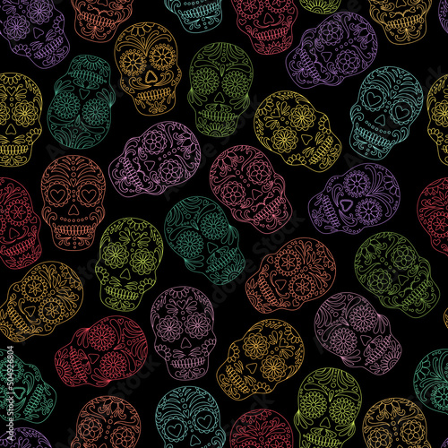 Day of the Dead  skulls pattern. Dia de los muertos print. Day of the dead and  mexican Halloween texture. Mexican tradition  festival. Day of the dead sugar skull isolated. Dia de los Muertos tattoo 