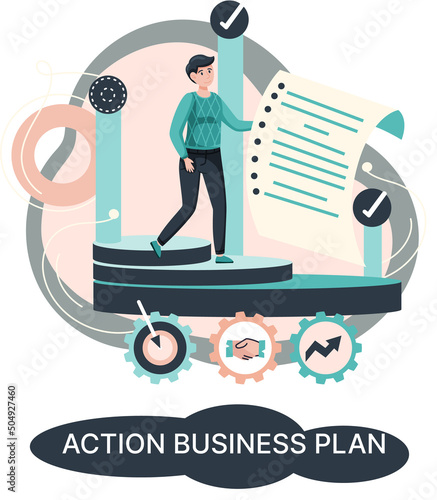 Action business plan, development strategies, foreseeing market risks. Company success secret, idea growing business achieve target metaphor, study production and sales market. Strategic biz planning