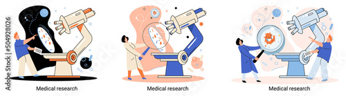 Medical research metaphor. Laboratory diagnostic services, Scientists work equipment and microscope. Virologists chemistry clinic laboratories, microbiology pharmaceutical research. Vaccine discovery