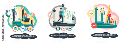 Action business plan, development strategies, foreseeing market risks. Company success secret, idea growing business achieve target metaphor, study production and sales market. Strategic biz planning