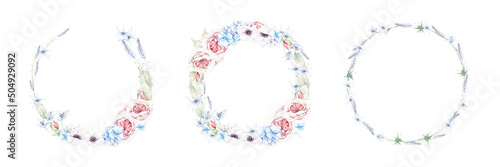 Wallpaper Mural Watercolor floral wreaths. Pink and blue flowers, green leaves and branches isolated on white background. Botanical illustration for wedding designs, postcards, greeting cards, invitations Torontodigital.ca