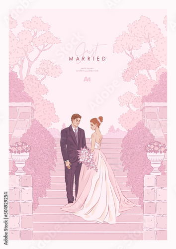 Set of hand drawn wedding invitation with a bridal couple. Save the date template with bride and groom. Vector illustration