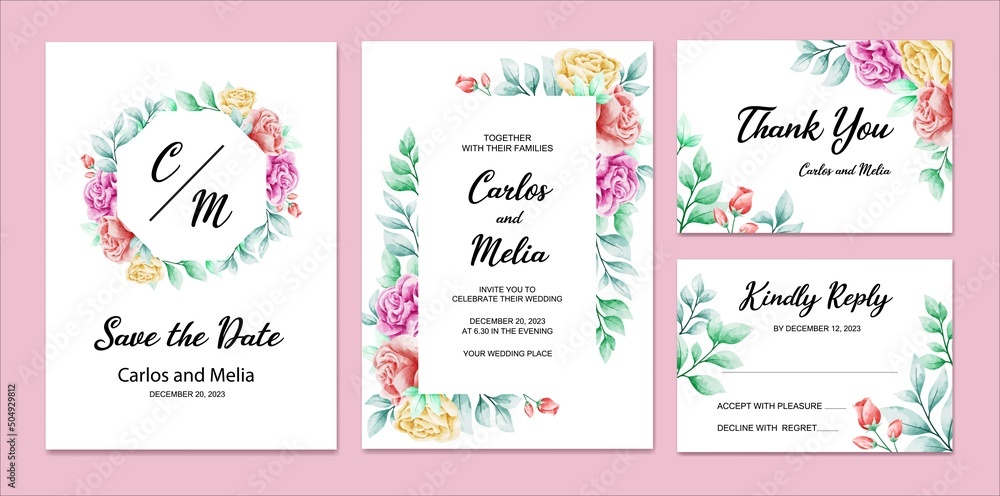 Naklejka premium Flower Watercolor Wedding Invitation Card Template