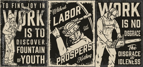 Labor and prospers monochrome posters set