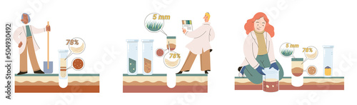 Soil analysis and earth pollution metaphor or structure control. Nutrients microorganism composition research ground layer structure sample. Soil laboratory test. Scientist measuring levels status