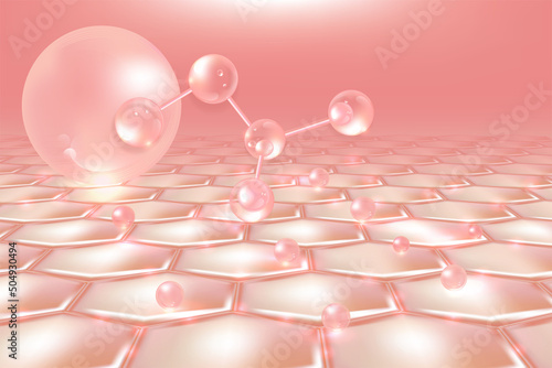 Hyaluronic acid hair and skin solutions ad, pink collagen serum drop over skin cells with cosmetic advertising background ready to use, illustration vector.