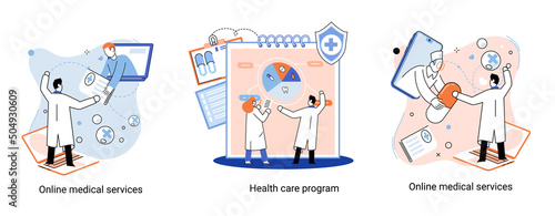 Online medical services mobile application consultation and prescription medicine professional doctor connecting and giving consultation for patient, telemedicine concept metaphor, health care program