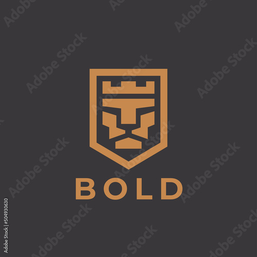 Royal lion logo mark design element. Abstract gold king crown icon. Bold leo animal shield symbol. Corporate business brand identity emblem. Vector illustration.