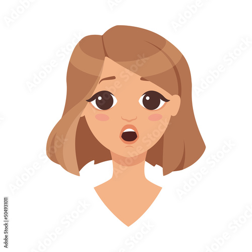 Pretty Woman Character Face with Short Haircut Gasping Feeling Surprised Vector Illustration