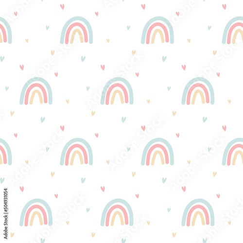 Seamless pattern with boho pastel Rainbow and hearts. Print for playroom, baby bedrooms, textiles, notebooks etc.