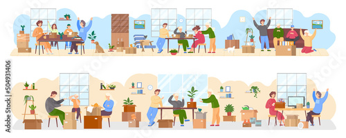 Family moving to new house, people moving to new house, carrying things to apartment, changing place of residence, relocation. Unpacking things after shipping, decorating home. Rental of premises