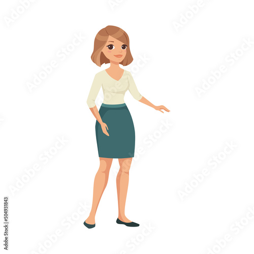 Woman Character in Skirt and Blouse in Standing Pose Vector Illustration