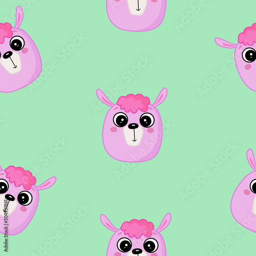 Cute seamless pattern on green background with cozy alpaca.
Texture for scrapbooking, wrapping paper, invitations. Vector illustration.