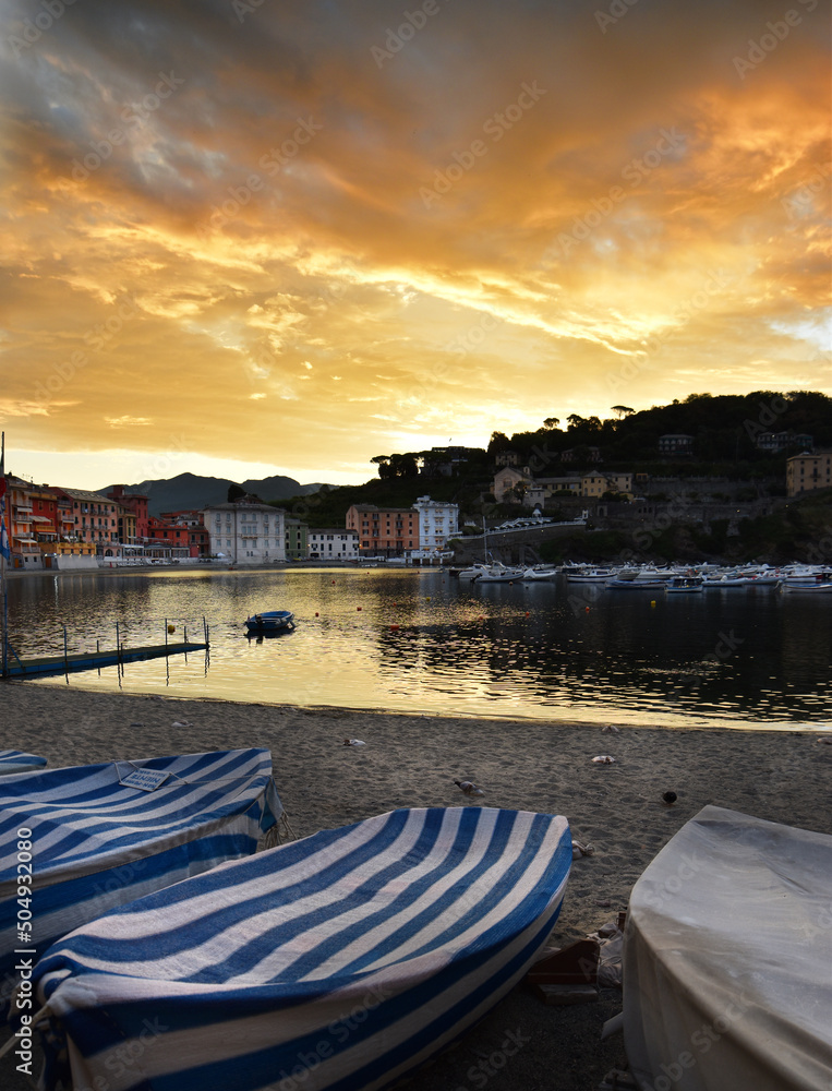 Spectacular sunrise over the Bay of Silence in Sestri Levante, Liguria