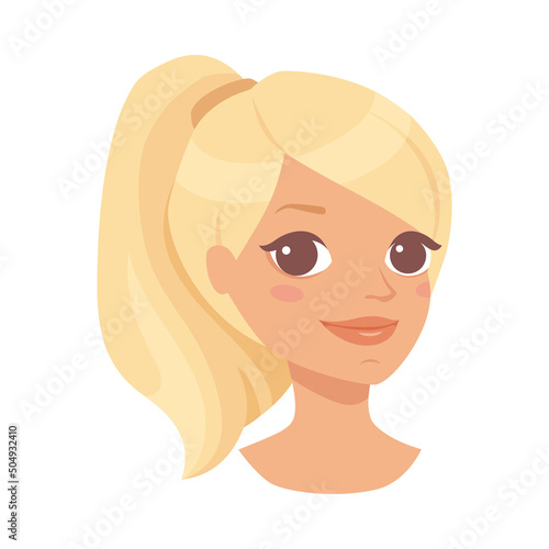 Pretty Woman Character Face with Blond Hair in Ponytail Smiling Vector Illustration