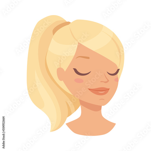 Pretty Woman Character Face with Blond Hair in Ponytail Smiling with Closed Eyes Vector Illustration