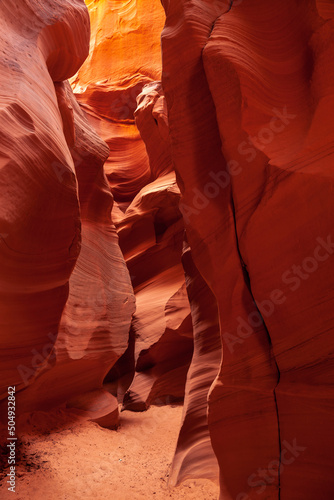 Scenery in a slot canyon with wavy and smooth rock walls, Canyon X, Arizona, the U.S.