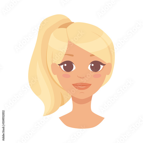 Pretty Woman Character Face with Blond Hair in Ponytail Smiling Vector Illustration