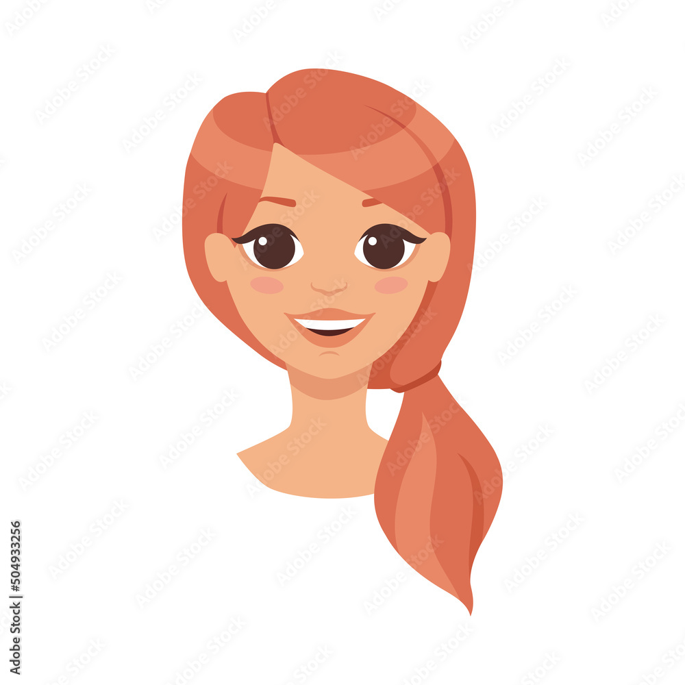 Pretty Woman Character Face with Red Hair in Ponytail Smiling Vector Illustration Pretty Woman Character Face with Red Hair in Ponytail Smiling Vector Illustration