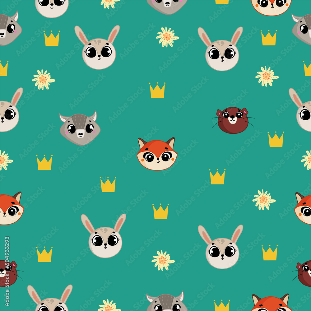 Cute seamless pattern on emerald background with cozy bunny, wolf, fox and otter. As well as beautiful flowers and a crown. Texture for scrapbooking, wrapping paper, invitations. Vector illustration.