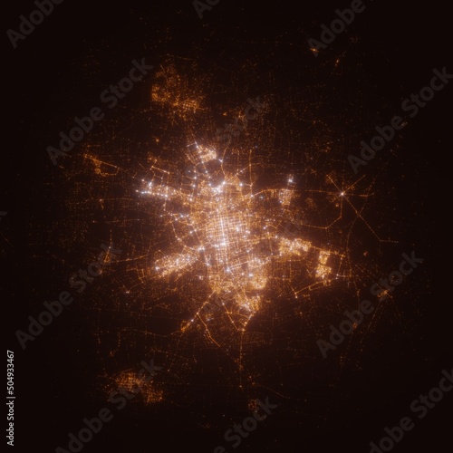 Lodz (Poland) street lights map. Satellite view on modern city at night. Imitation of aerial view on roads network. 3d render
